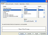 Captura de pantalla de la aplicación writer de OpenOffice donde se muestra la pantalla de carácter para aplicar formato al texto.
