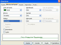 Captura de pantalla de la aplicación writer de OpenOffice donde se muestra la pantalla de efectos de fuente para aplicar formato al texto.