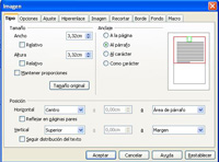 Captura de pantalla de la aplicación writer de OpenOffice donde se muestra la forma de modificar una  imagen insertada en un texto. Contiene varias subpestañas: tipo, opciones, ajuste, hiperenlace, imagen, recortar, borde, fondo y macro.