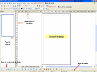 Captura de pantalla de la aplicación draw de OpenOffice donde se muestra los principales elementos para comenzar a trabajar con el editor: barras de  márgenes, barra de estado, barra de título, barra de menú, barra de herramientas , barra herramientas de dibujo, panel de página y área de trabajo.