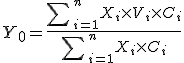 Coordenada y sub cero igual al sumatorio del producto de y sub i por v sub i por c sub i dividido entre el sumatorio de v sub i por c sub i.