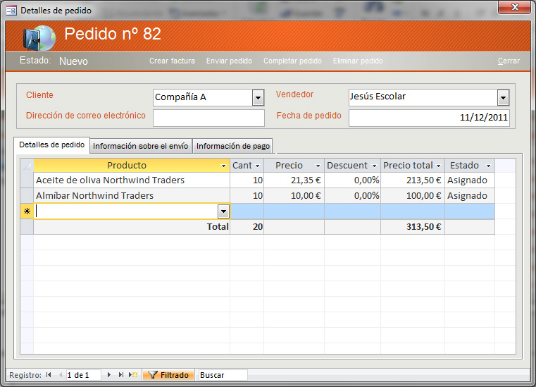 Pantalla de Access con pedidos en base de datos Neptuno.
