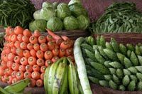 Puesto de alimentos: zanahorias, coles y plátanos.