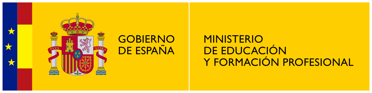 Logotipo del Ministerio de Educación, Cultura y Deporte. Junto a una banda vertical que representa esquemáticamente la bandera de Europa y otra que representa la bandera de España, aparece el escudo de España, y el texto: Gobierno de España. Ministerio de Educación, Cultura y Deporte.