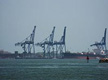 Cuatro grúas para contenedores en un muelle del puerto de Houston, Texas, Estados Unidos, una de ellas operando sobre un buque portacontenedores.