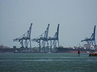 Cuatro grúas para contenedores en un muelle del puerto de Houston, Texas, Estados Unidos, una de ellas operando sobre un buque portacontenedores.