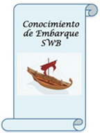 Conocimiento de embarque SWB. Cuadrado azul claro y en el fondo el dibujo de un barco navegando con velas de colores y las letras conocimiento de embarque SWB.