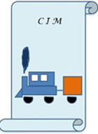 Carta de porte CIM. Cuadrado azul claro y en el fondo el dibujo de un tren en azul más oscuro y naranja con las letras CIM.