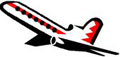 Imagen de un avión en blanco, negro y rojo.