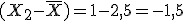 x minúscula sub 2 menos la media de X es igual a 1 menos 2,5, que es igual a -1,5.