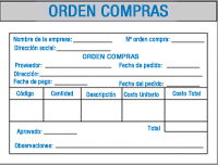 En la parte superior aparece un texto con 'Orden de compras', y a continuación se observa un rectángulo dividido en tablas donde se deben introducir los datos como dirección, fecha de pedido, fecha de pago, costo unitario, costo total,...