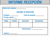 En la parte superior aparece un texto con 'Informe recepción', y a continuación se observa un rectángulo dividido en tablas donde se deben introducir los datos como proveedor, número de orden, fecha de recepción, código, cantidad, descripción, discrepancias, observaciones,...