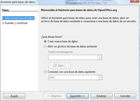 Pantallazo de un asistente en la que se pregunta si se desea crear una base de datos. En la parte inferior se presentan una serie de botones que preguntan si se desea finalizar, cancelar o avanzar en el proceso de creación de la base de datos.