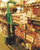 Preparadora de pedidos de alto nivel con operario trabajando en altura.