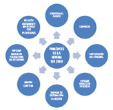 Principios de la calidad. Gráfico con los 8 principios de la calidad. Un círculo central con el texto: PRINCIPIOS DE LA NORMA ISO 9001 y ocho círculos que le rodean con los textos: ORIENTADA AL CLIENTE, LIDERAZGO, PARTICIPACIÓN DEL PERSONAL, ENFOQUE BASADO EN PROCESOS, ENFOQUE DE SISTEMA PARA LA GESTIÓN, MEJORA CONTINUA, ENFOQUE BASADO EN HECHOS PARA LAS DECISIONES, RELACIÓN MUTUAMENTE BENEFICIOSA CON PROVEEDORES.