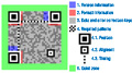 Estructura del código QR (en inglés). A la izquierda el código y a la derecha la descripción: 1. Información de la versión. 2. Información del Formato: 3. Corrección de Errores y Datos. 4. Patrones requeridos: 4.1 Posición. 4.2. Alineamiento. 4.3 Sincronización. 5. zona sin usar.