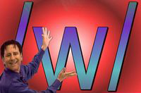 Pronunciation. Hombre señalando el fonema 'w' de color azul sobre fondo rojo.