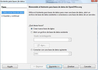 Pantallazo de un asistente en la que se pregunta si se desea crear una base de datos. En la parte inferior se presentan una serie de botones  que preguntan si se desea finalizar, cancelar o avanzar en el proceso de creación de la base de datos.