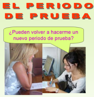Imagen que muestra a Blanca preguntando a una amiga si pueden volver a hacerle un nuevo período de prácticas. Blanca esta sentada en su despacho, a un lado de la mesa, y su amiga está sentada al otro lado. En la mesa se puede ver varios documentos y material de oficina. En la parte superior de la imagen hay un texto que pone “El periodo de prueba”.
