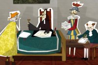 Sala de un juzgado medieval. Ilustración en la que se muestra un juzgado del medievo. A la izquierda se aprecia una mujer intentando dar explicaciones al juez. En el centro esta el juez, sentado detrás una mesa, mirando hacia la mujer y con intención de golpear la mesa con el mazo. A la derecha del juez hay dos hombres, uno portando un gran número de documentos, y otro transcribiendo todo lo que se iba diciendo en el juicio.