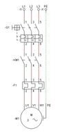 Esquema de potencia de arranque de motor trifásico y simbología asociada, donde pueden verse interconectados los símbolos de los bornes de acometida de líneas, el relé magnetotérmico de protección, el contactor, el relé térmico y el motor trifásico asíncrono de rotor en cortocircuito.