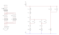 Esquema de automatismo para la inversión de sentido de giro de un motor trifásico. El esquema consta de una parte de potencia, donde se sitúa la alimentación trifásica, un único disyuntor, así como un contactor y un relé témico para cada sentido de giro, con dos de los tres conductores de alimentación intercambiados en la salida de los relés. El esquema de mando consta de los contactos cerrados y abiertos de los relés térmicos, un pulsador de paro y uno de marca para cada sentido con sus correspondientes realimentaciones y enclavamientos para asegurar que mientras funciona un sentido de giro, no pueda entrar el otro de forma directa.