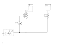 Esquema neumático para el accionamiento de dos cilindros de doble efecto mediante una válvula directa 5/2 de mando por palanca y retorno por muelle en el caso de uno de ellos y mediante una válvula 3/2 de accionamiento por pulsador que pilota otra válvula 5/2 de alimentación al cilindro en el caso del otro. El esquema consta además de unidad de acondicionamiento de aire y de compresor de suministro de aire comprimido.