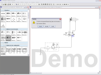 En la imagen puede observarse el diseño de un esquema elaborado con el software FluidSIM Pneumatics Demo Version 4.0, donde aparecen en la parte izquierda la biblioteca de símbolos y el la zona principal de pantalla el área de diseño. En ésta podemos ver la realización de un esquema neumático de activación de un cilindro de doble efecto desde un suministro de aire a presión, pasando por una unidad de acondicionamiento y a través de una válvula 5/3 de mando manual y retorno por muelle. En dicha válvula existe una conexión abierta (3), por lo cual, al pulsar en el botón de simulación de funcionamiento, el programa emite un mensaje de “Hay Conexiones Abiertas”, que puede verse en un cuadro de información.