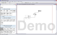 En la imagen puede observarse el entorno de trabajo del software FluidSIM 4.0 de FESTO, donde en la parte de la izquierda aparece una presentación jerarquizada de la biblioteca de símbolos del programa y en la parte derecha el entorno de trabajo, donde se ha puesto como ejemplo la activación de un cilindro de simple efecto a través de una válvula 3/2, previo paso por una unidad acondicionadora de aire comprimido y una fuente de presión.