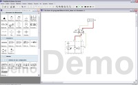 En la imagen puede observarse el entorno de trabajo del software FluidSIM Hydraulics 4.0 de FESTO, donde en la parte de la izquierda aparece una presentación jerarquizada de la biblioteca de símbolos del programa y en la parte derecha el entorno de trabajo, donde se ha puesto como ejemplo la activación de un cilindro de simple efecto a través de una válvula 3/2, previo paso por una unidad de bombeo de fluido, con válvula de regulación de presión y manómetro.