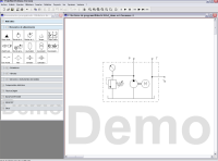 En la imagen puede observarse el entorno de trabajo del software FluidSIM Hydraulics 4.0 de FESTO, donde en la parte de la izquierda aparece una presentación jerarquizada de la biblioteca de símbolos del programa y en la parte derecha el entorno de trabajo, donde se ha colocado el símbolo de un grupo de bombeo de fluido hidráulico, con bomba activada por motor, válvula de regulación de presión y manómetro.