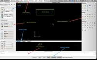 En la imagen se observan algunos de los elementos adicionales de pantalla del software DraftSight, indicando su posición, como son la barra de herramientas de capas, los iconos de estado o la zona de espacio modelo y espacio papel.