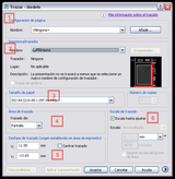 Cuadro de diálogo de impresión de AutoCAD, donde pueden verse las distintas áreas destinadas a la configuración de la impresión, como el tipo de trazador, tipo de papel, zona de impresión y previsualización, así como otras opciones distintas de impresión y trazado.