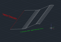 Imagen que muestra una superficie generada a partir del comando de superficie tabulada, donde se muestra la trayectoria y el vector dirección de la misma.