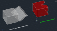 En la imagen se muestran dos sólidos, originalmente separados y posteriormente habiendo sustraído el segundo sólido al primero, con cada conjunto resaltado en colores distintos para poder apreciar las diferencias.