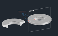 La imagen muestra el corte transversal, con eliminación de una de las dos mitades, de un sólido de revolución a partir de un plano perpendicular al plano base XY, y cómo se ha definido el mismo a partir de 3 puntos coplanarios no alineados.