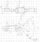 Croquis realizado a mano alzada de una pieza mecánica, donde puede verse el alzado en sección de la misma y la vista en planta, con sus respectivas cotas y el rayado correspondiente a la sección.