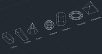 La imagen muestra un ejemplo de los distintos tipos de sólidos que se pueden generar con AutoCAD. De esta forma, se ven ordenados e indicados los sólidos cubo, cuña, cono, esfera, cilindro, toroide y pirámide.