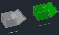 En la imagen se muestran dos sólidos, originalmente sin unir y posteriormente unidos, cada conjunto resaltado en colores distintos para poder apreciar las diferencias.