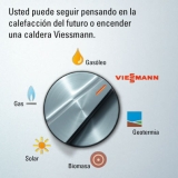 Ilustración de un anuncio publicitario donde en la parte superior aparecen el siguiente texto: Usted puede seguir pensando en la calefacción del futuro o encender una caldera Viessmann. Y en el resto de la imagen que ocupa las dos terceras partes aparece un mando de encendido con las siguientes punto donde puede situarse el mando : gasóleo, geotermina, biomasa, solar y el gas. Estos de arriba y hacia el sentido de las agujas del reloj y acompañados de un dibujito que representa cada energía.