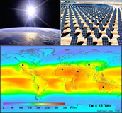 En la imagen aparece un mapa del mundo coloreado según la temperatura de la zona, otra imagen donde parece parcialmente la bola terrestre con una luz intensa y blanca encima de ella y otra imagen un huerto de placas solares.