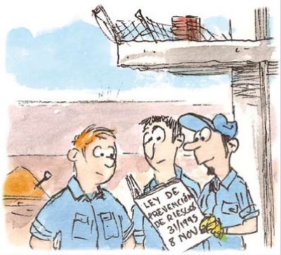 Viñeta ley de prevención de riesgos laborales. Ilustración de trabajadores leyendo la normativa de prevención de riesgos laborales