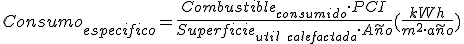 Consumo específico de calefacción expresado en kilovatios hora por metro cuadrado y año es igual al producto del combustible consumido por su poder calorífico inferior partido por la superficie útil calefactada y por el número de años.