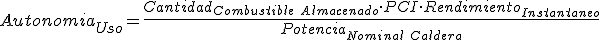 La autonomía de uso es igual a la cantidad de combustible almacenado por el poder calorífico inferior por el rendimiento instantáneo dividido por la potencia nominal de la caldera.