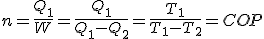 Rendimiento es igual a Calor 2 partido por Trabajo e igual Calor 1 partido por diferencia entre Calor1 y 2 e igual a Temperatura 1 partido por diferencia entre Temperaturas 1 y 2 e igual a COP.