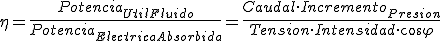El rendimiento de un ventilador es igual al cociente entre la Potencia útil transmitida la fluido y la Potencia eléctrica absorbida por el mismo, siendo el numerador igual al producto del caudal movido por el incremento de presión entre la entrada y la salida del ventilador y el denominador igual al producto de la tensión eléctrica de alimentación por la intensidad consumida por el coseno de fi.