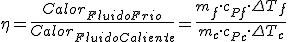 El rendimiento es igual al cociente entre el calor absorvido por el fluido frío dividido por el calor cedido por el fluido caliente, o lo que es lo mismo, el producto de la masa de fluido frío por su calor específico y la diferencia de temperaturas entre la entrada y la salida dividido por el producto de la masa de fluido caliente por su calor específico y la diferencia de temperaturas entre la entrada y la salida.