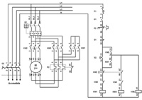 Esquema de control mediante lógica cableada de arrancador estrella-triángulo de motor trifásico.