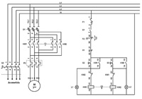 Esquema de control mediante lógica cableada de inversor de giro de motor trifásico.