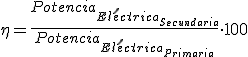 Rendimiento es igual al cociente entre la potencia eléctrica cedida en el secundario del transformador y la potencia eléctrica consumida por el primario, multiplicado todo por cien.